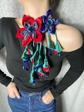 Handmade Large Red & Blue Velvet Flower Statement Brooch / Fabric Floral Corsage